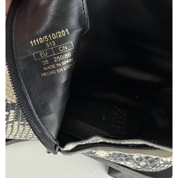Zara Black Off White Embossed Leather Snakeskin Square Toe Anke Boots 38 US 7.5 - Picture 10 of 13